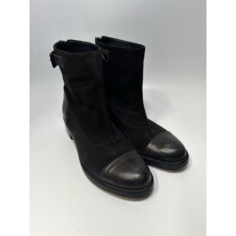 Sundance Black Suede Leather Cap Toe Ankle Boots 38 Italy Moto Western Buckle